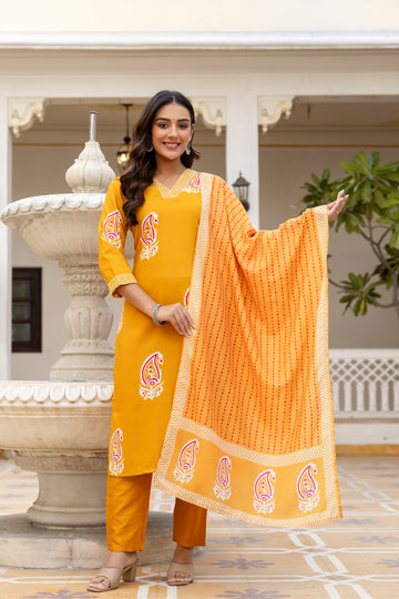 Mustard Yellow  Ethnic Outfit Featuring a Kurta With White and Pink Paisley Print