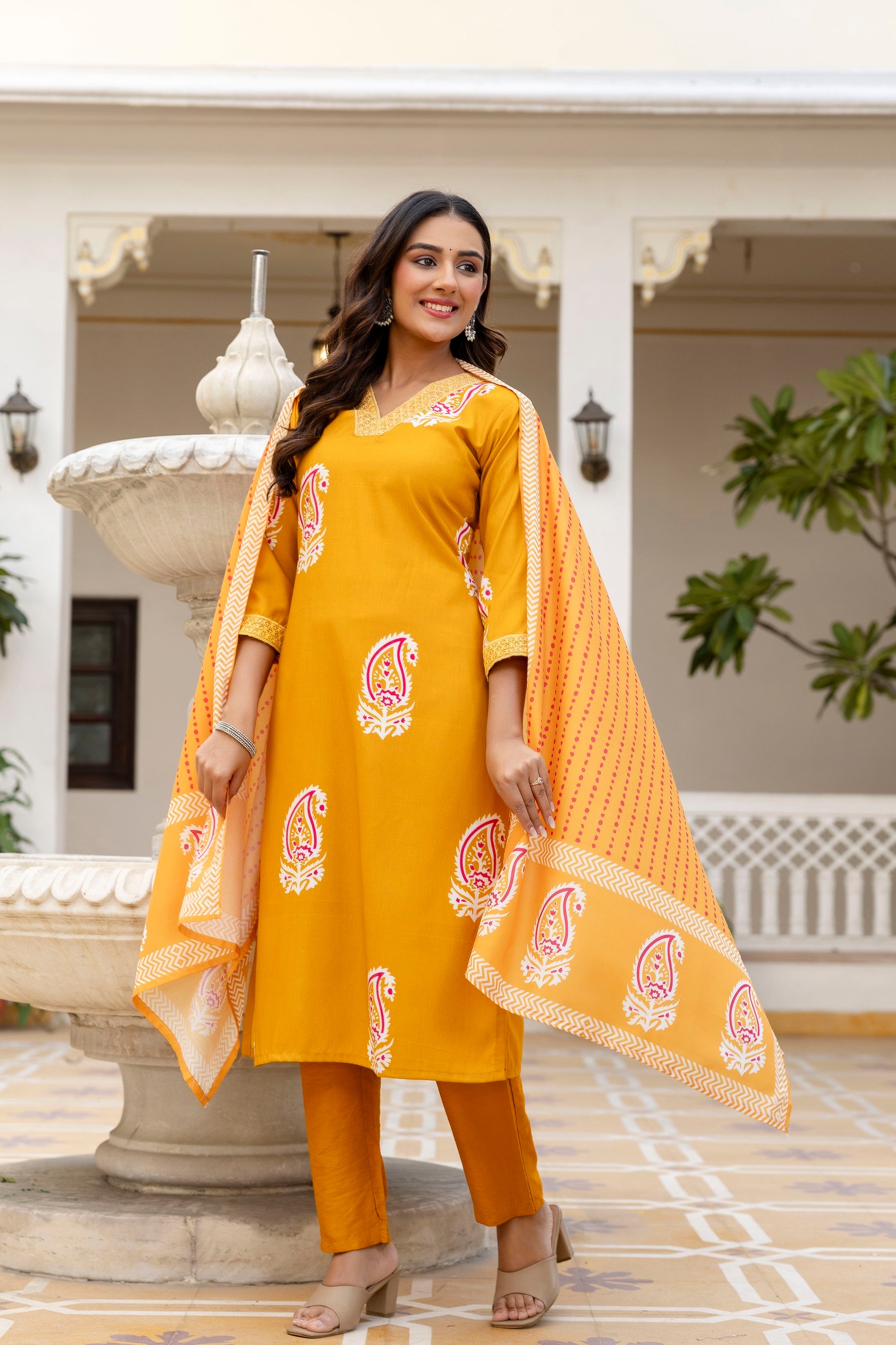 Mustard Yellow  Ethnic Outfit Featuring a Kurta With White and Pink Paisley Print
