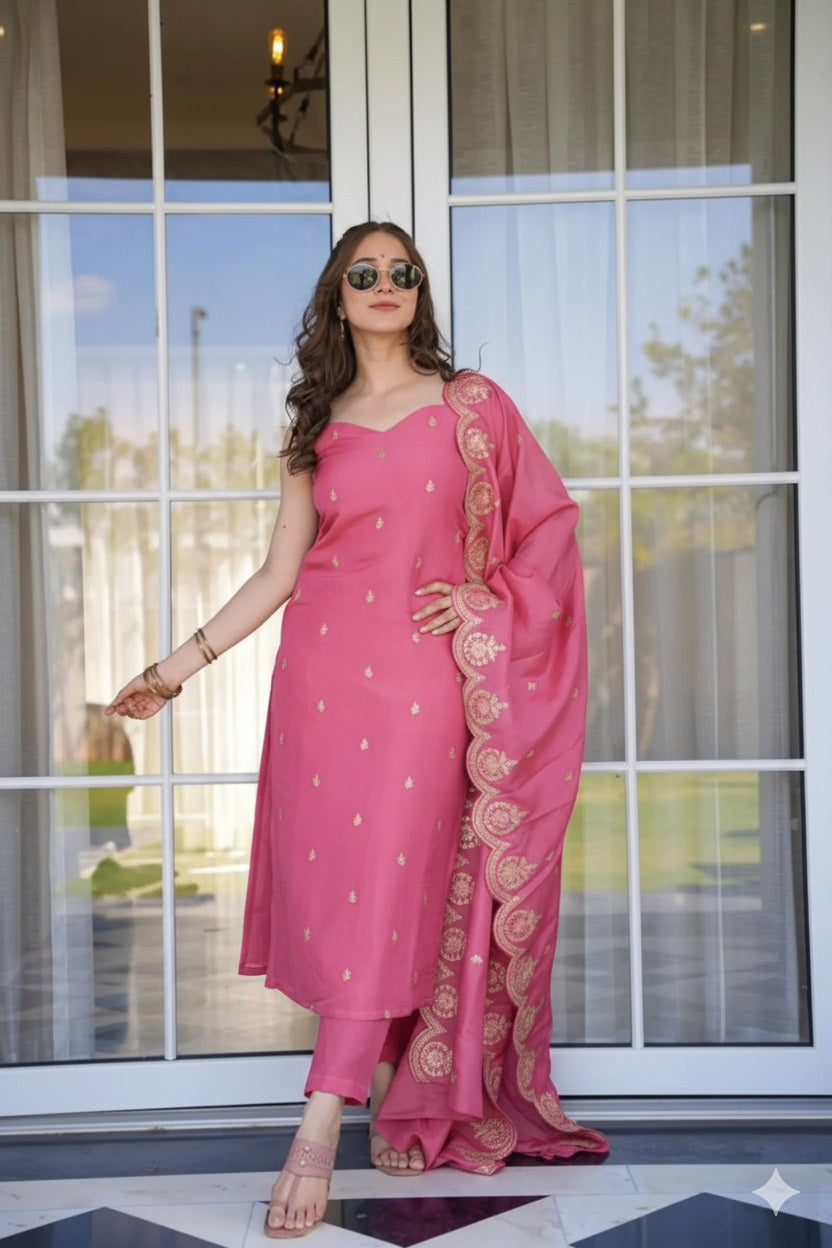 Bright Pink Chanderi Silk Sleeveless Kurta Set