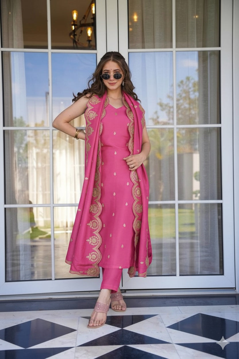 Bright Pink Chanderi Silk Sleeveless Kurta Set