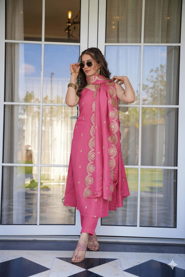 Bright Pink Chanderi Silk Sleeveless Kurta Set