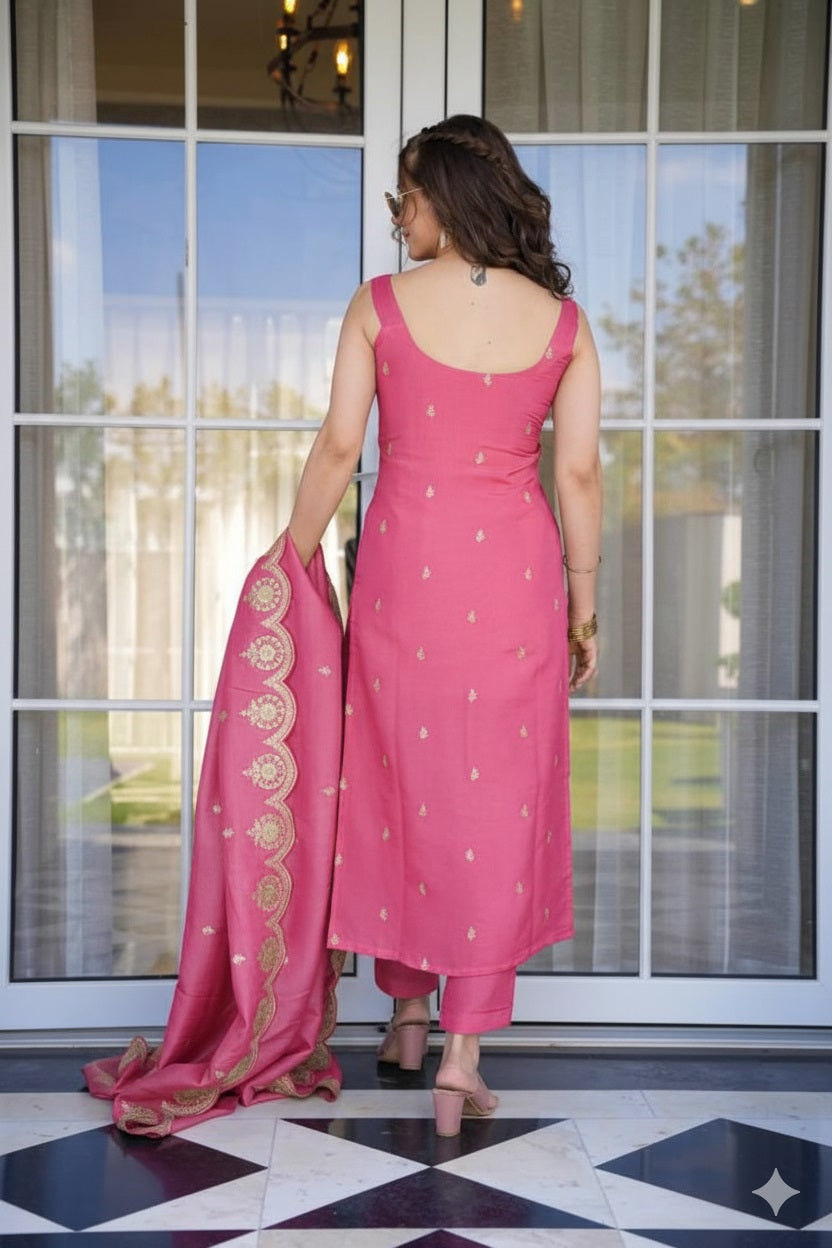 Bright Pink Chanderi Silk Sleeveless Kurta Set