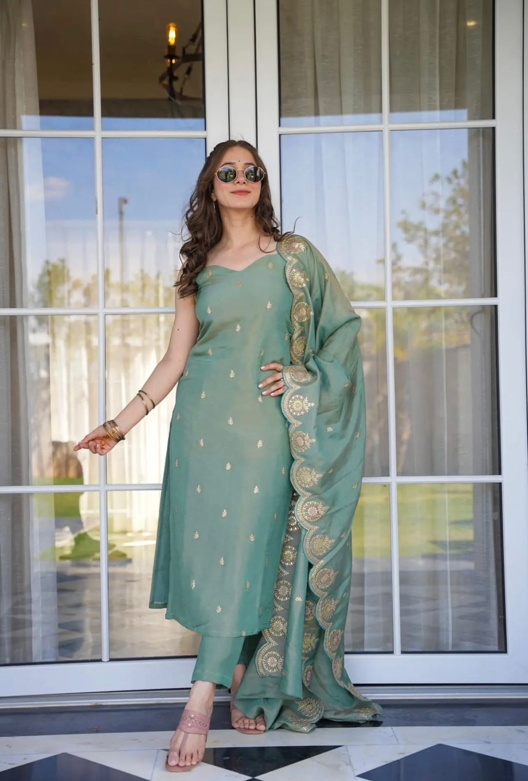 Sea Green Chanderi Silk Sleeveless Kurta Set