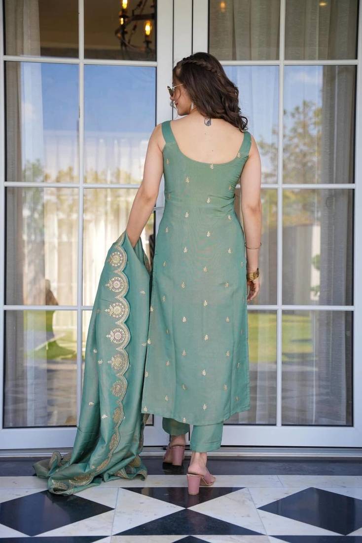 Sea Green Chanderi Silk Sleeveless Kurta Set