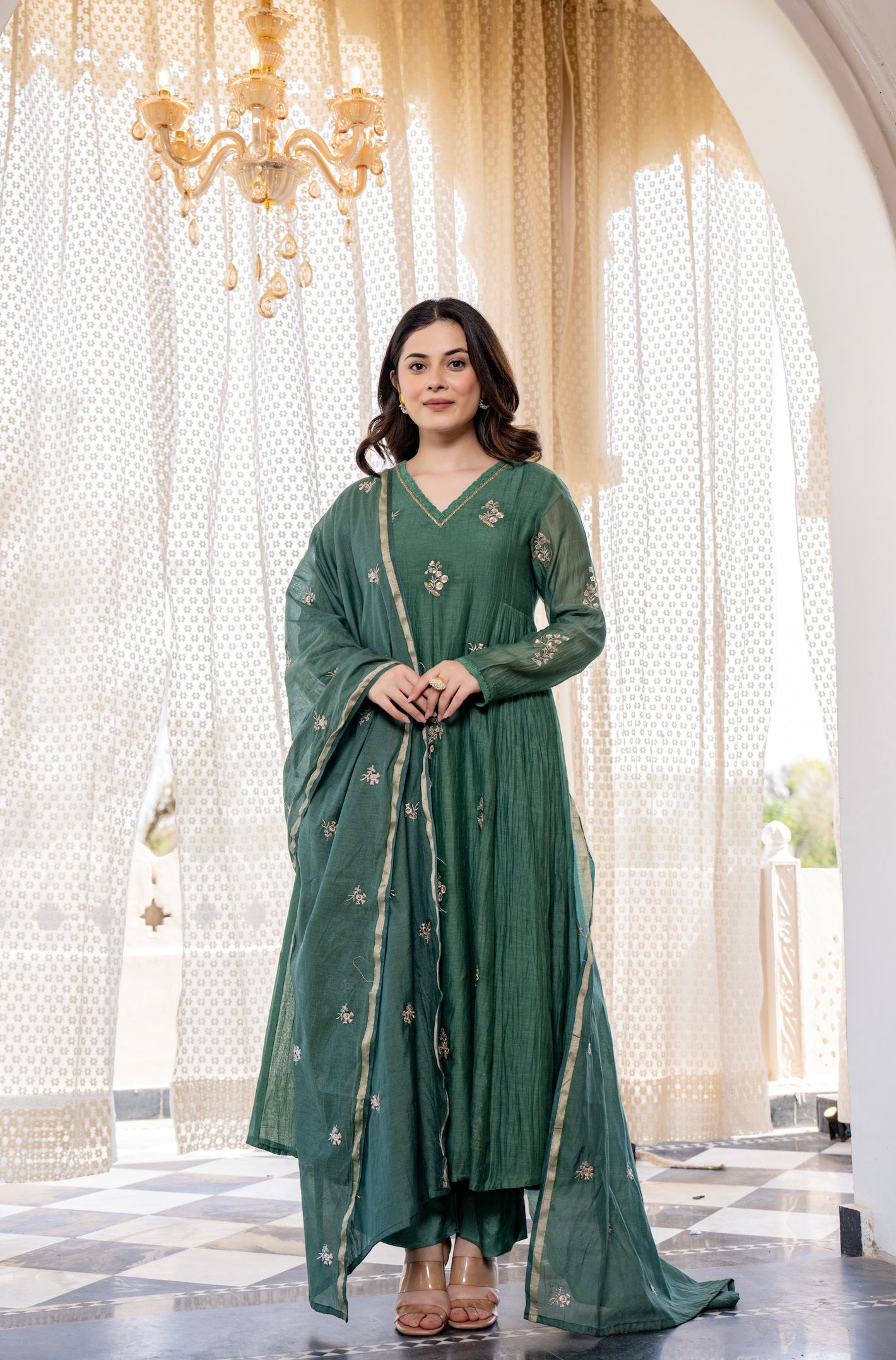 Forest Green Embroidered Chanderi Silk Long Kurta Set
