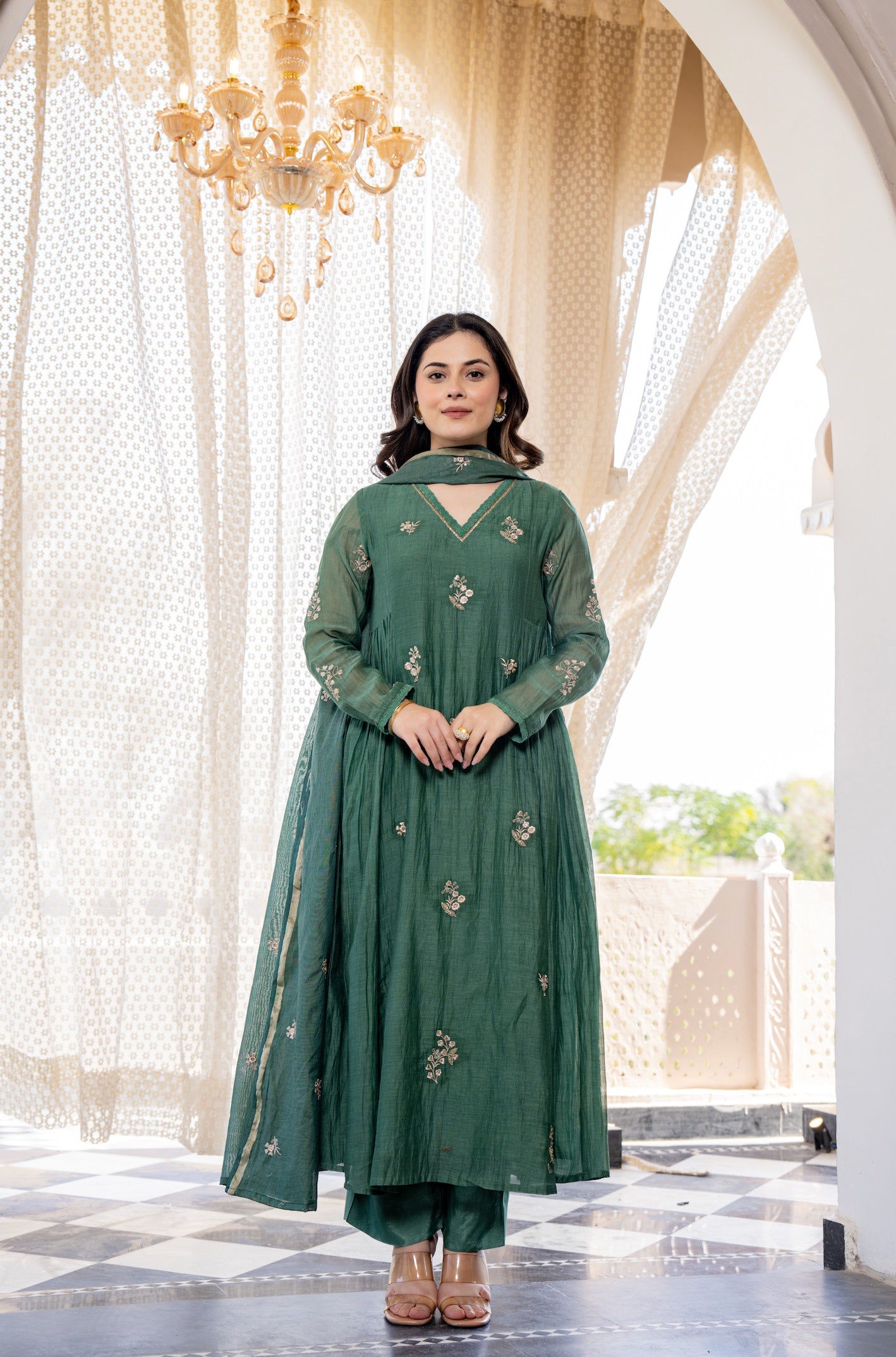 Forest Green Embroidered Chanderi Silk Long Kurta Set