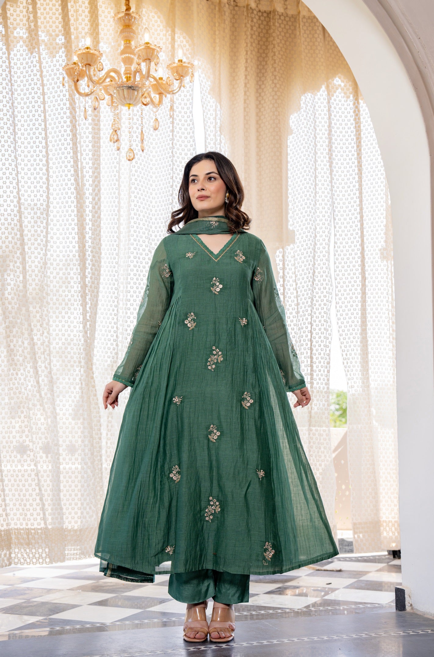 Forest Green Embroidered Chanderi Silk Long Kurta Set
