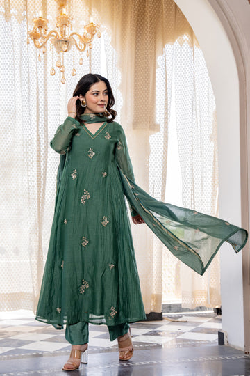 Forest Green Embroidered Chanderi Silk Long Kurta Set
