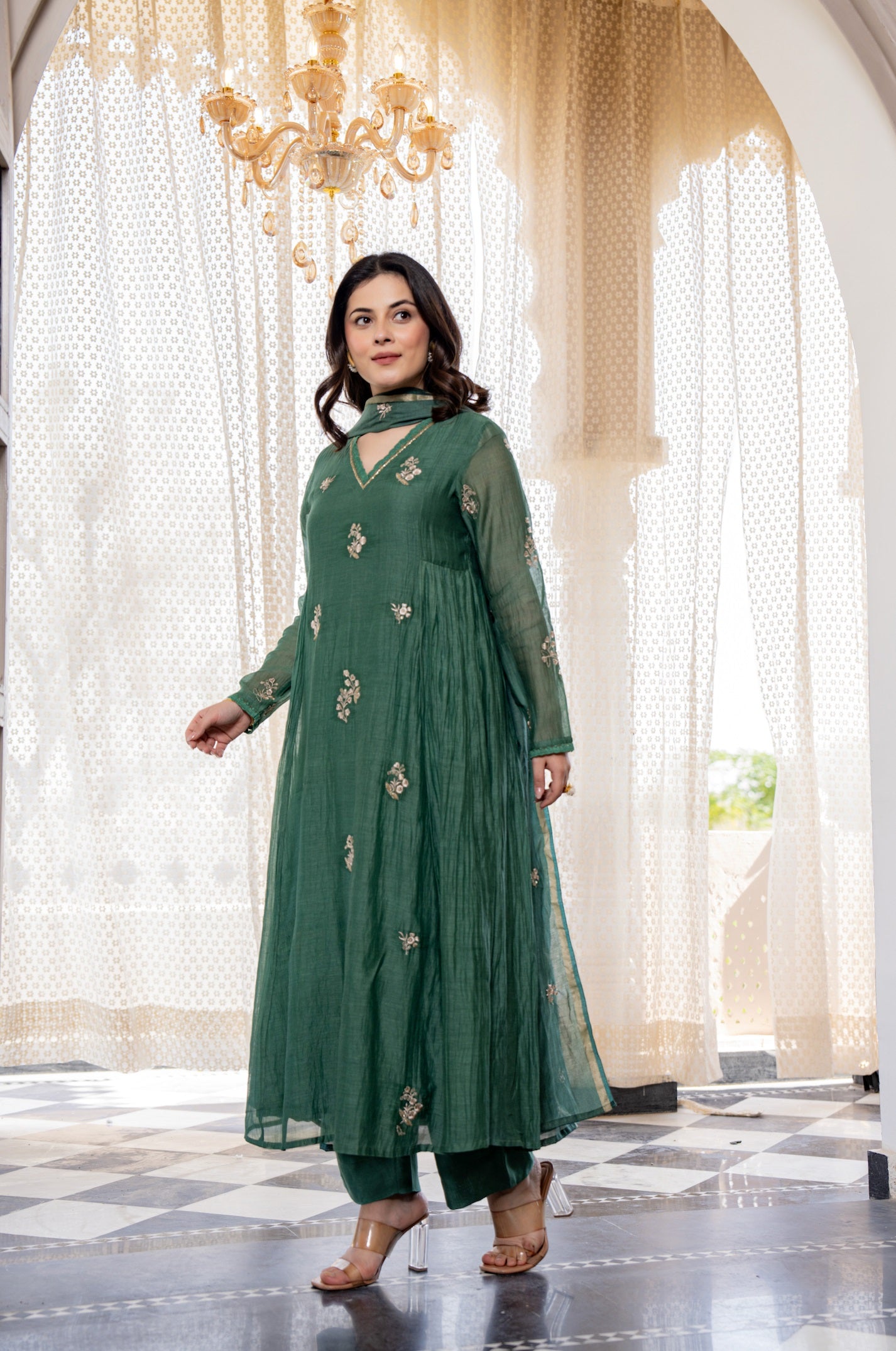 Forest Green Embroidered Chanderi Silk Long Kurta Set