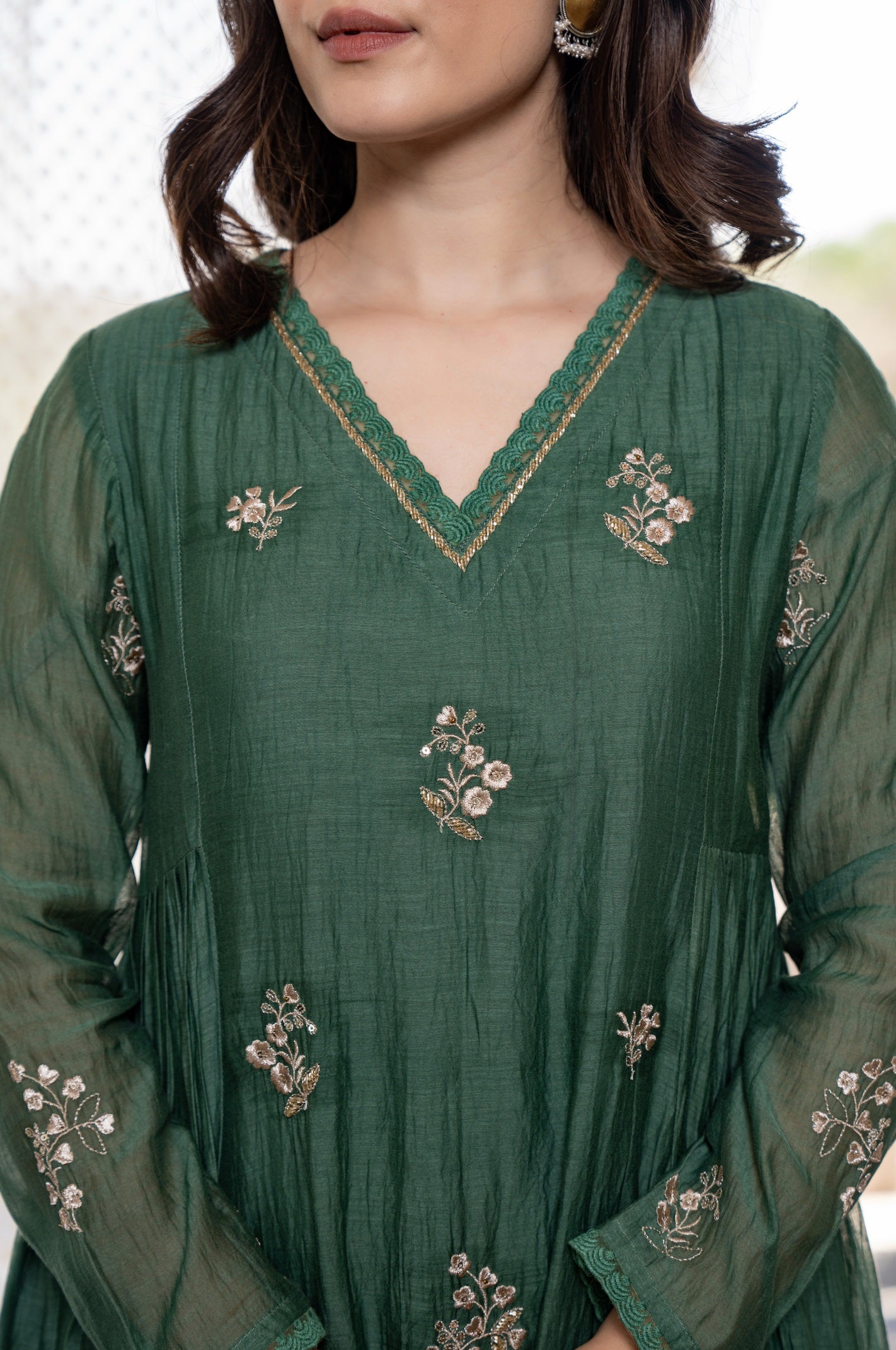 Forest Green Embroidered Chanderi Silk Long Kurta Set