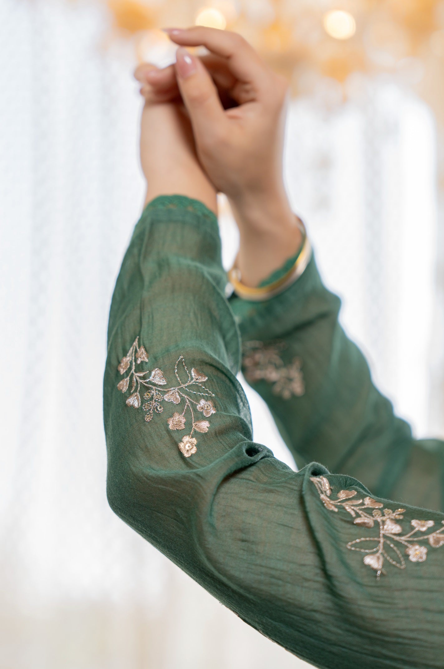 Forest Green Embroidered Chanderi Silk Long Kurta Set