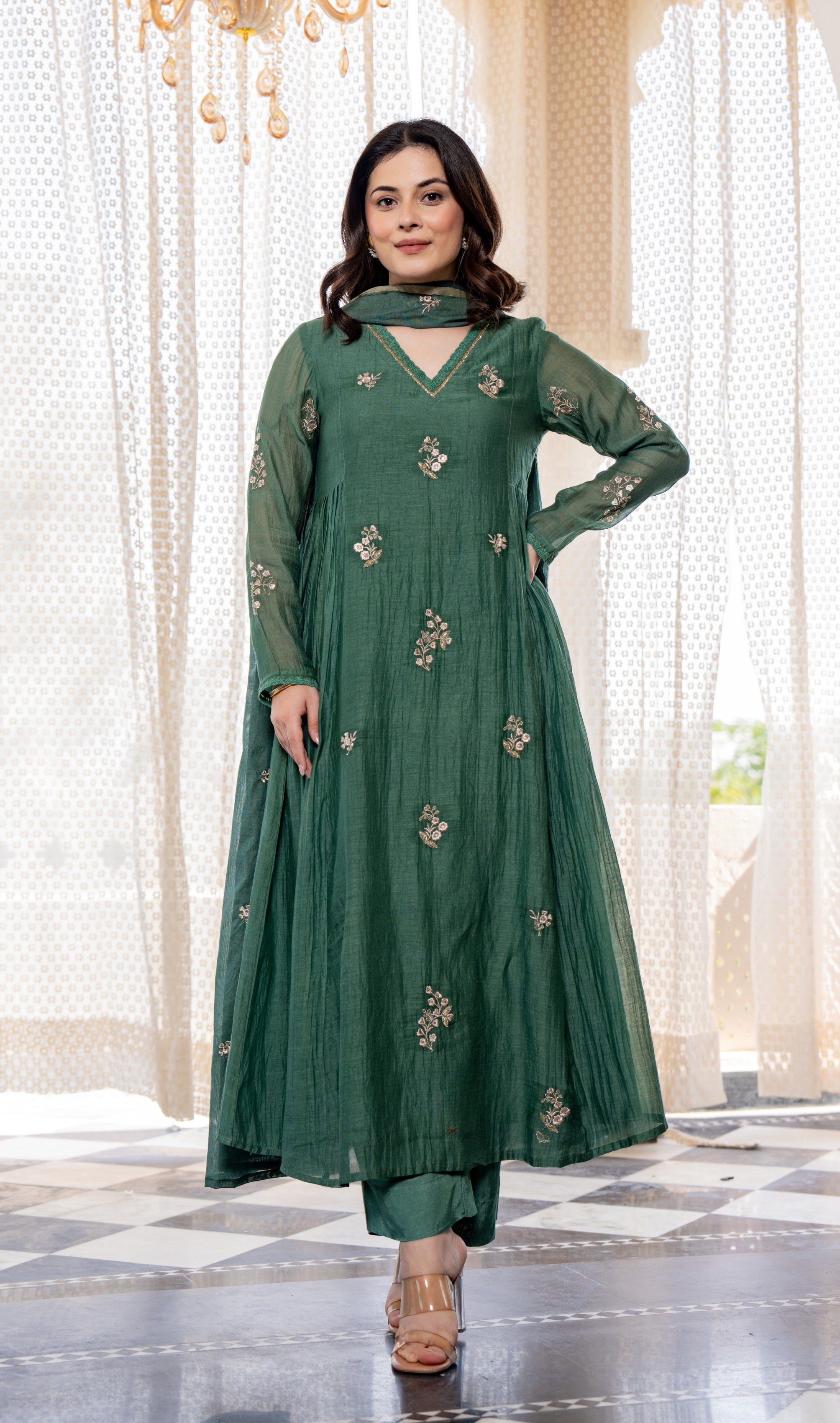 Forest Green Embroidered Chanderi Silk Long Kurta Set
