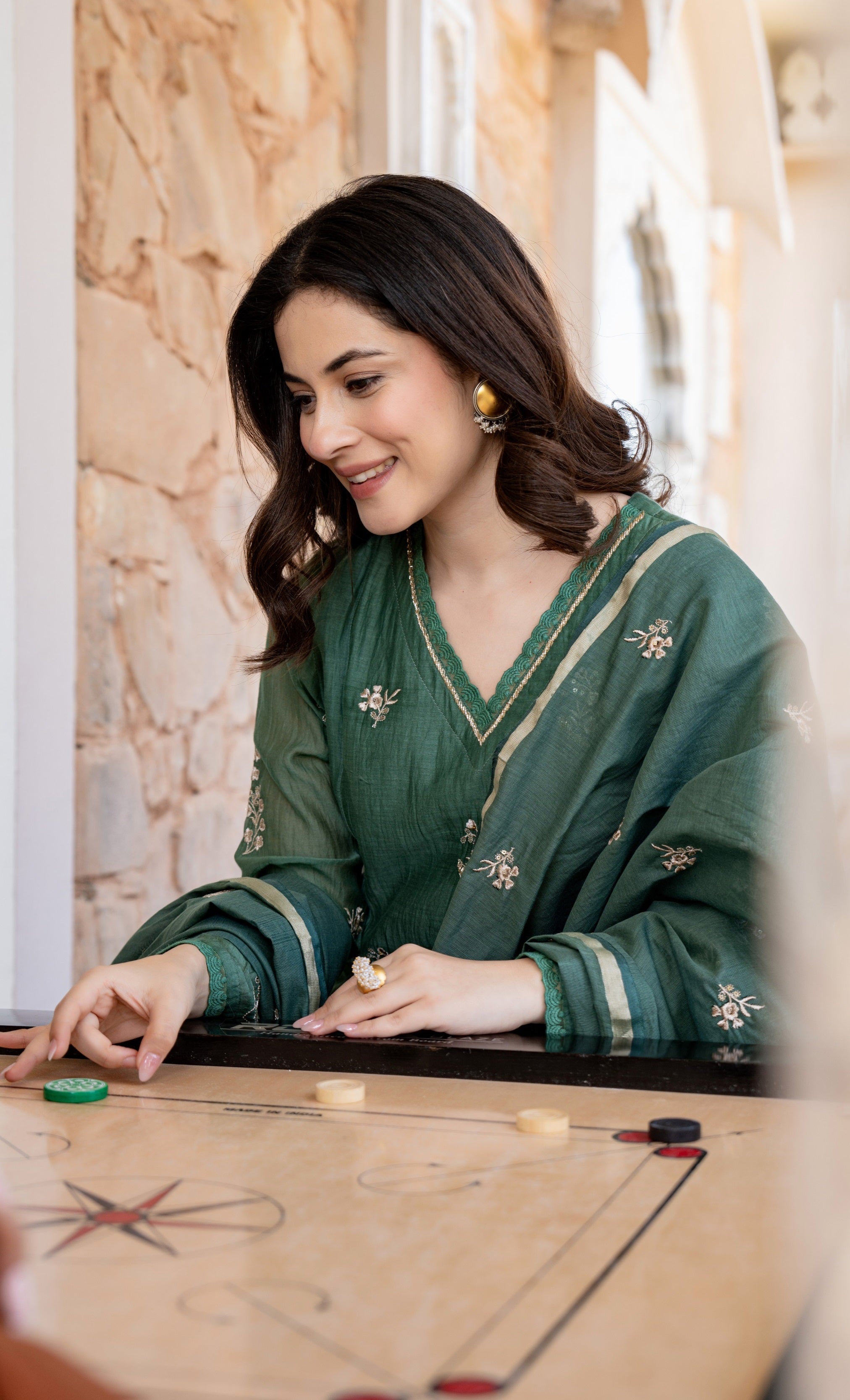 Forest Green Embroidered Chanderi Silk Long Kurta Set