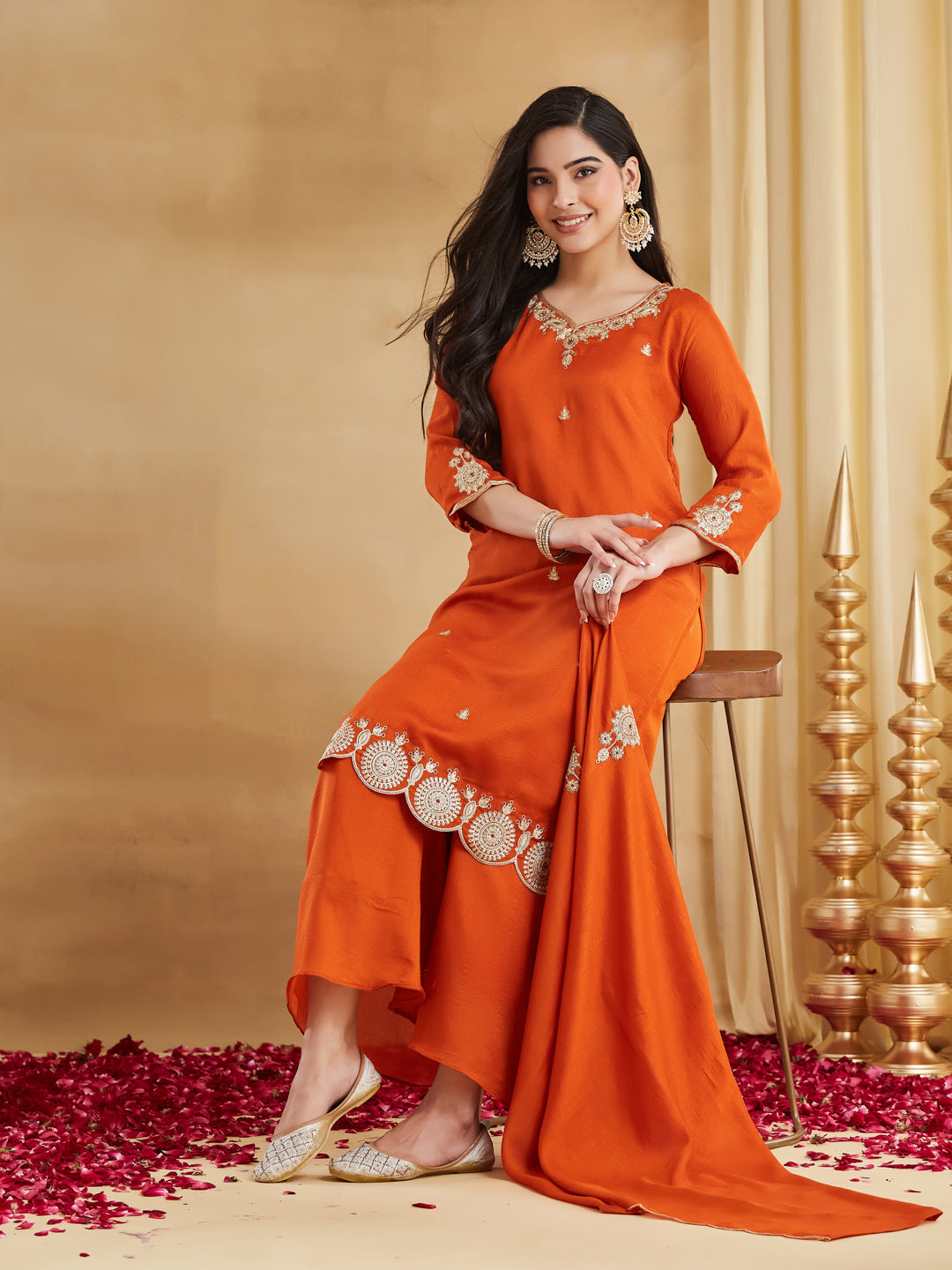 Rust Orange Embroidered Kurta Set with Dupatta