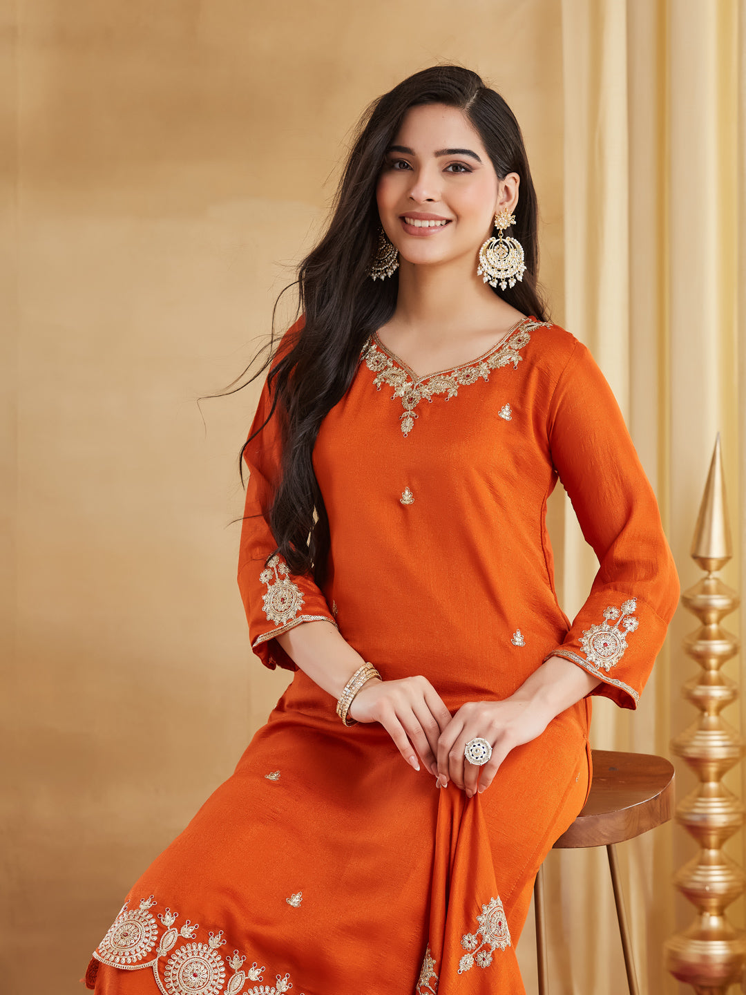 Rust Orange Embroidered Kurta Set with Dupatta