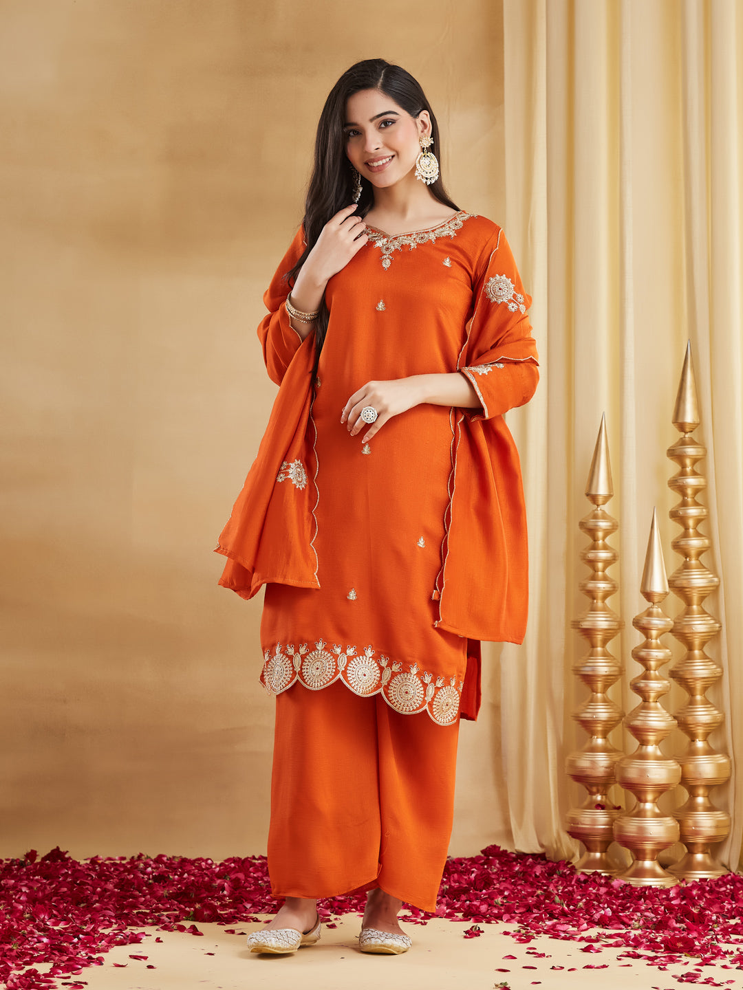 Rust Orange Embroidered Kurta Set with Dupatta
