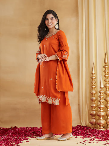 Rust Orange Embroidered Kurta Set with Dupatta