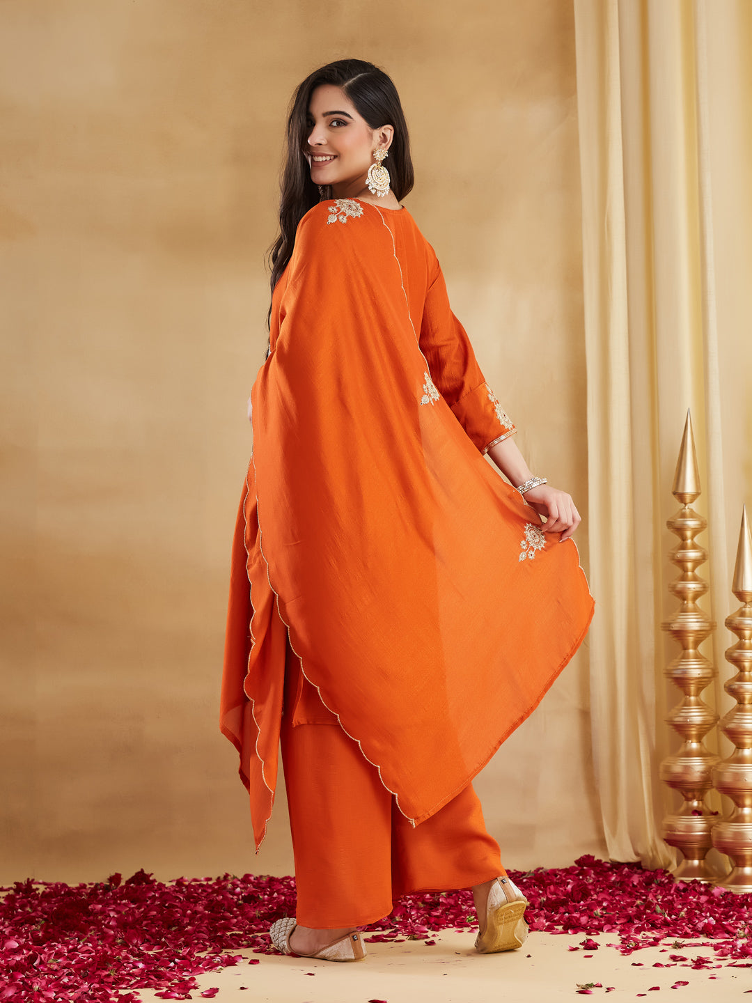 Rust Orange Embroidered Kurta Set with Dupatta