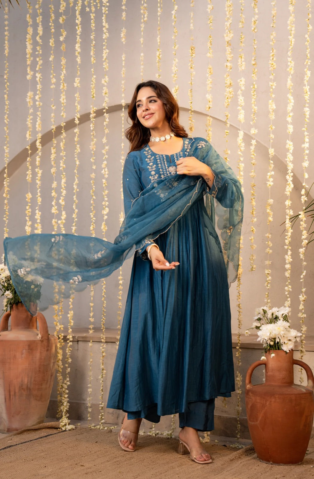 Teal Blue Floral Flare Fit Embroidered Anarkali Suit Set