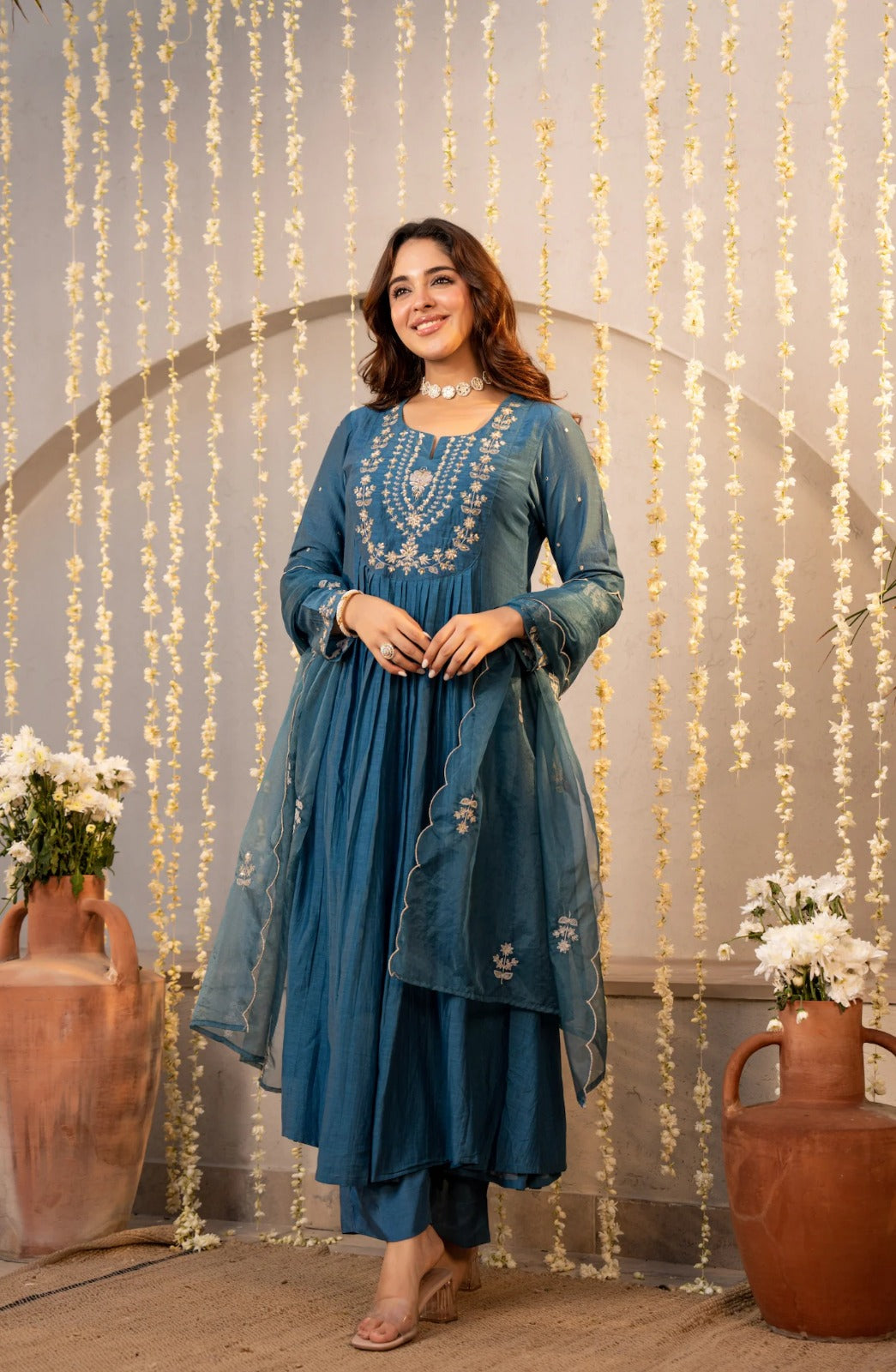 Teal Blue Floral Flare Fit Embroidered Anarkali Suit Set