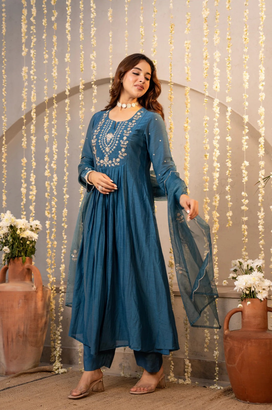 Teal Blue Floral Flare Fit Embroidered Anarkali Suit Set