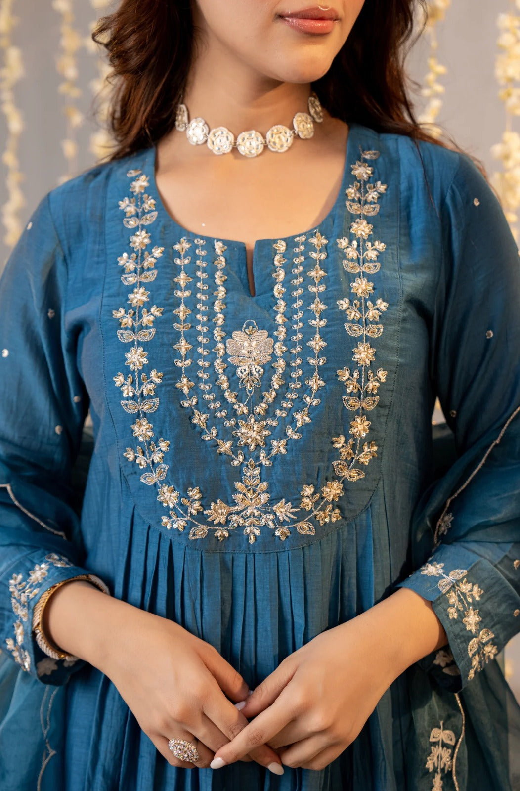 Teal Blue Floral Flare Fit Embroidered Anarkali Suit Set