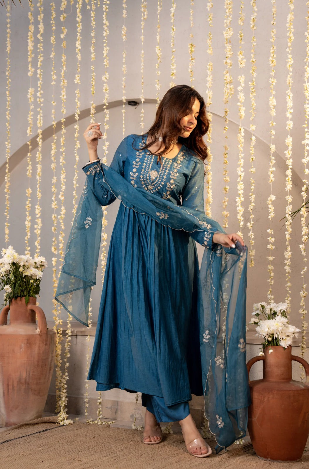 Teal Blue Floral Flare Fit Embroidered Anarkali Suit Set