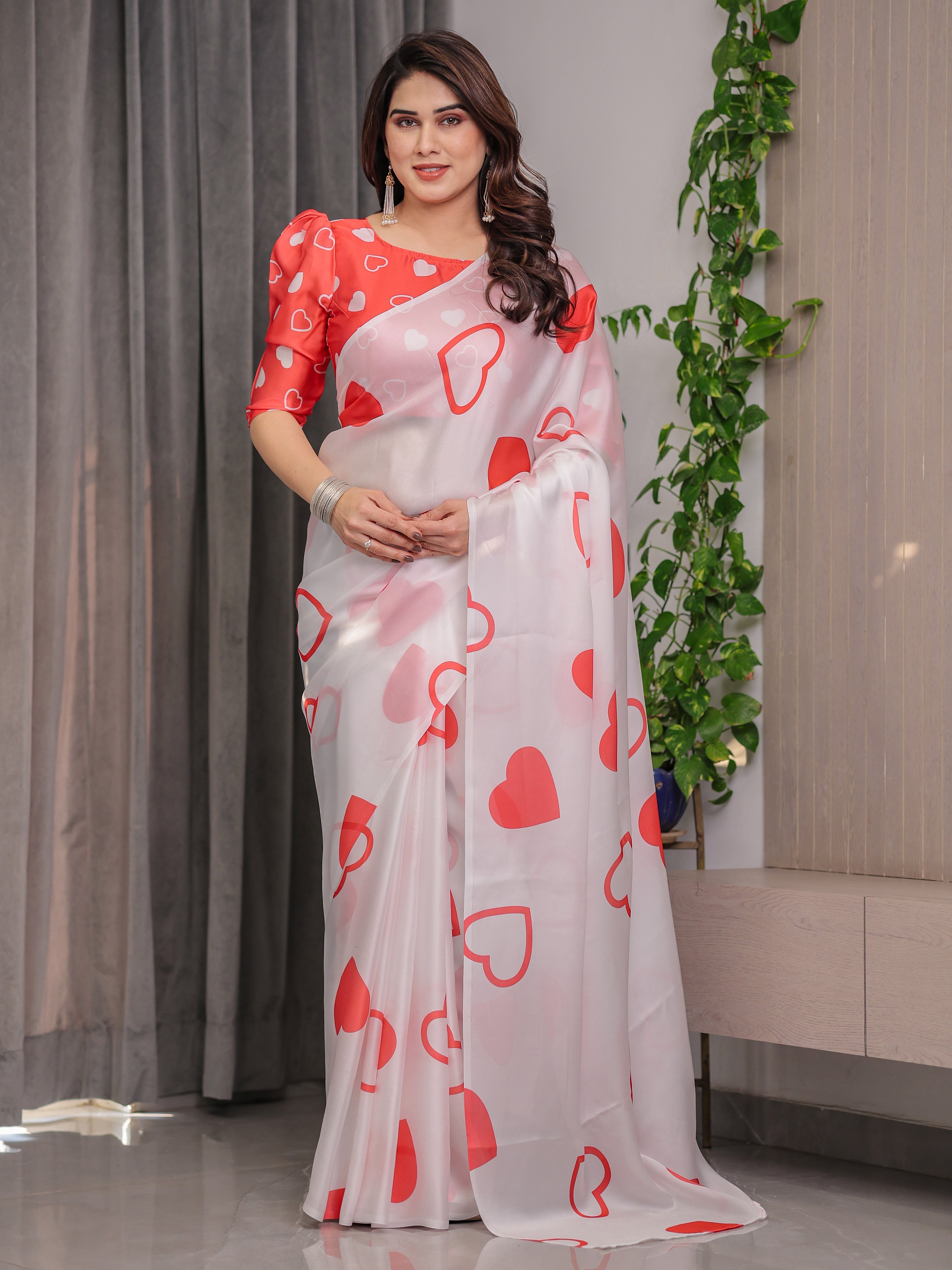 Ivory White Satin Georgette Saree with Bold Red Heart Print and Attached Red Heart Pattern Blouse – 5.5 Meter Romantic Designer Saree for Valentine’s Day & Anniversary Wear