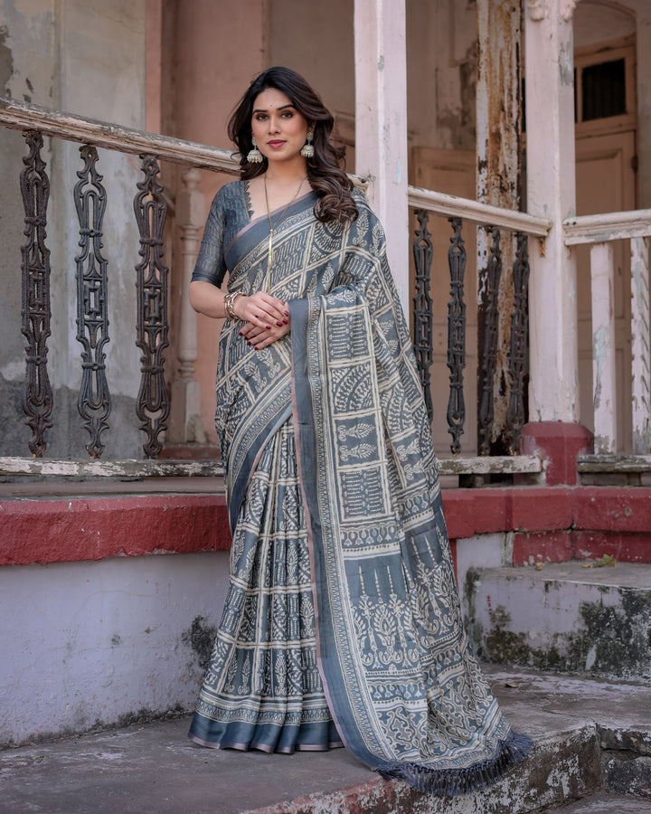 Dark Grey Shimmer Silk Printed Saree