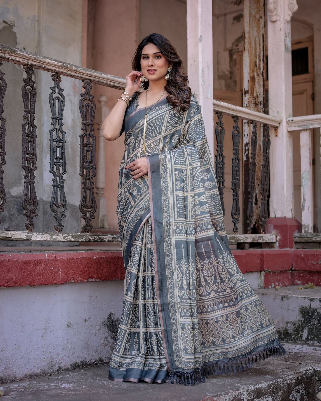 Dark Grey Shimmer Silk Printed Saree