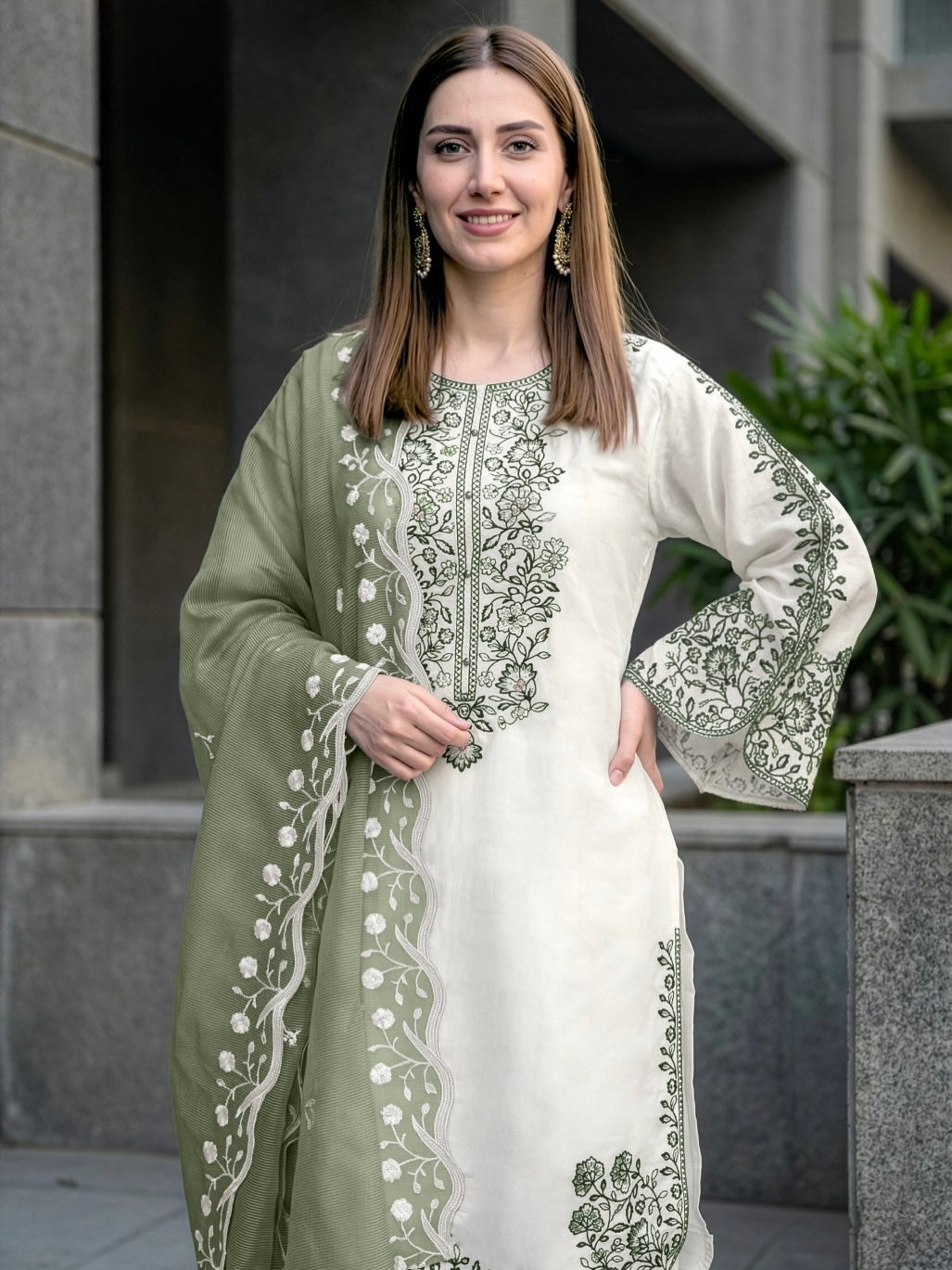 Off-White and Sage Green Roman Silk Kurta Palazzo Set, view 3