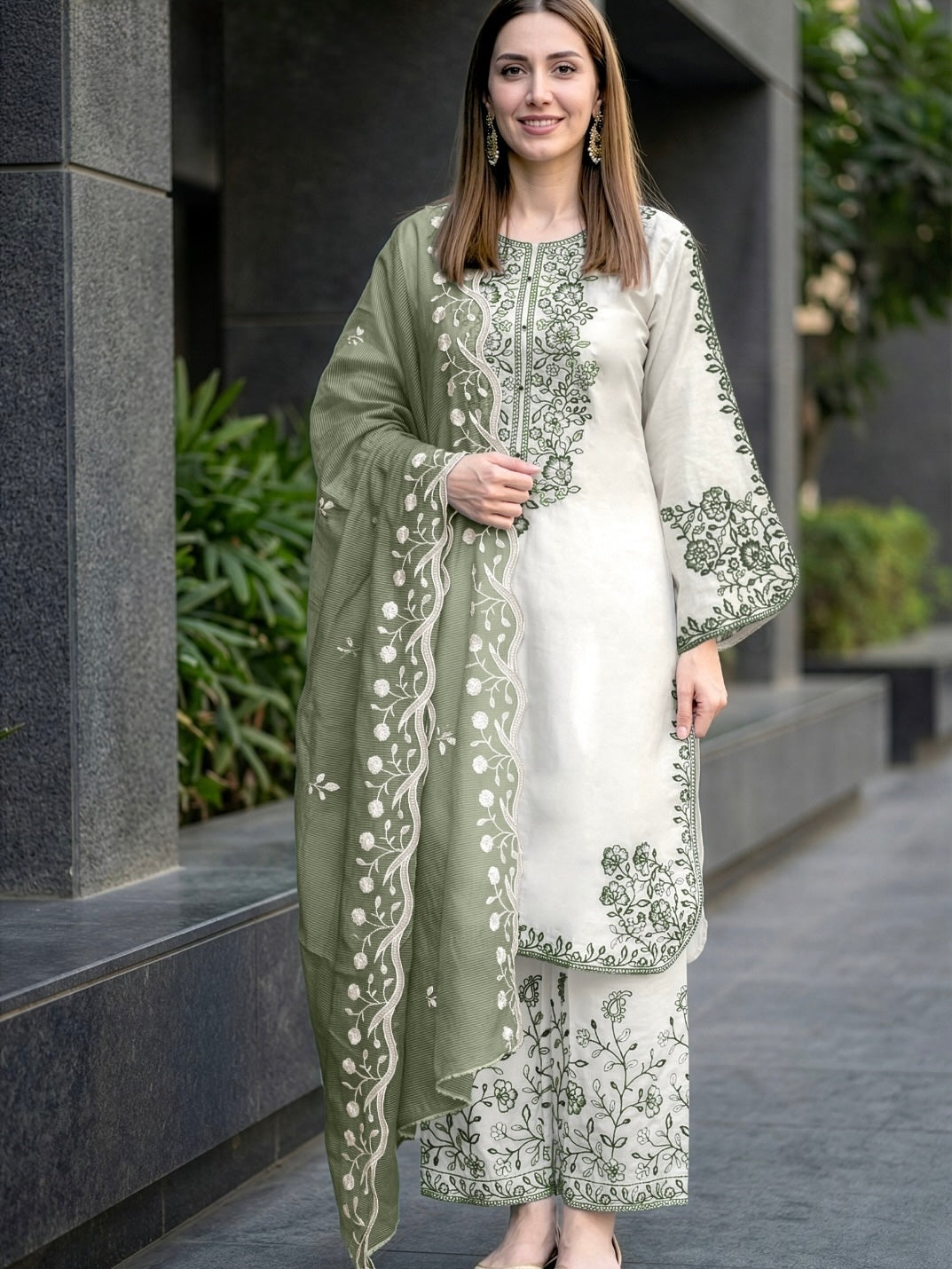 Off-White and Sage Green Roman Silk Kurta Palazzo Set, view 4