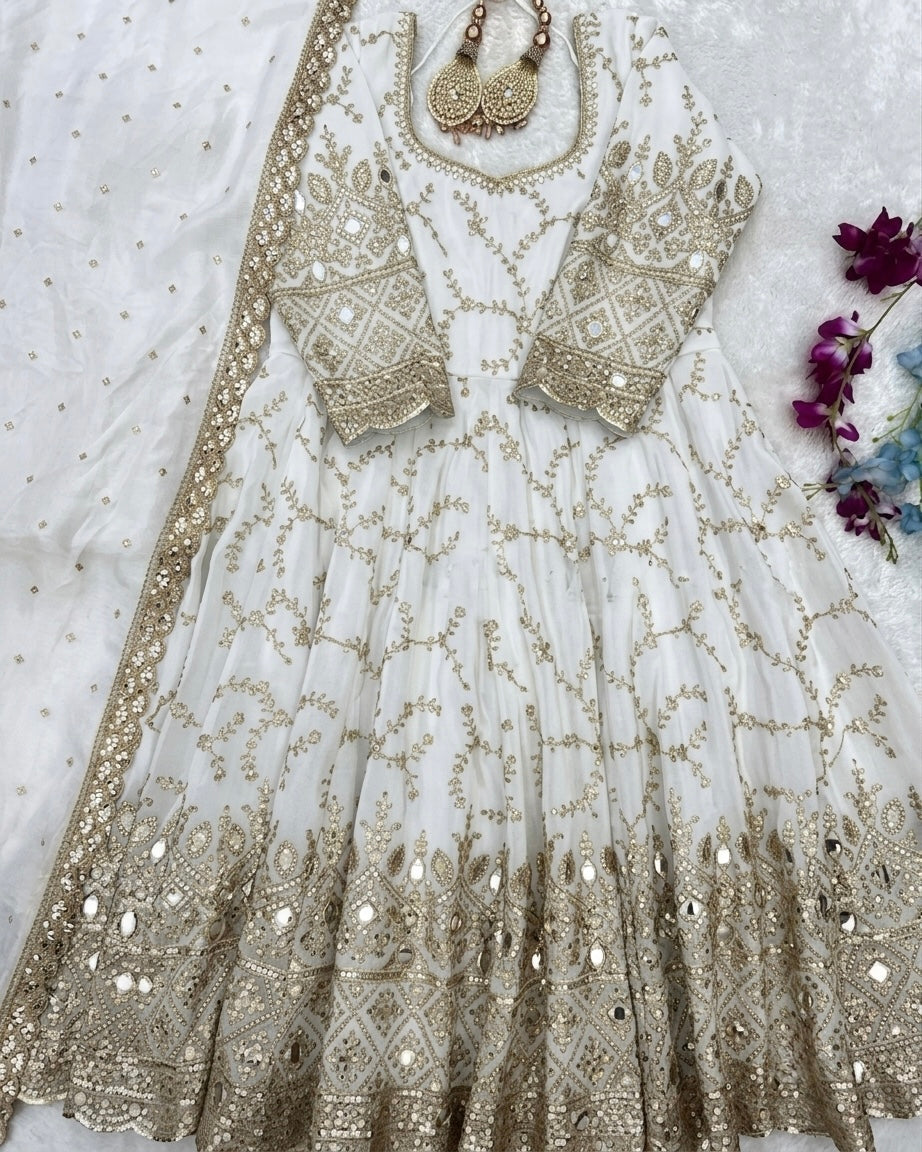 White Chinon Anarkali Suit, view 6