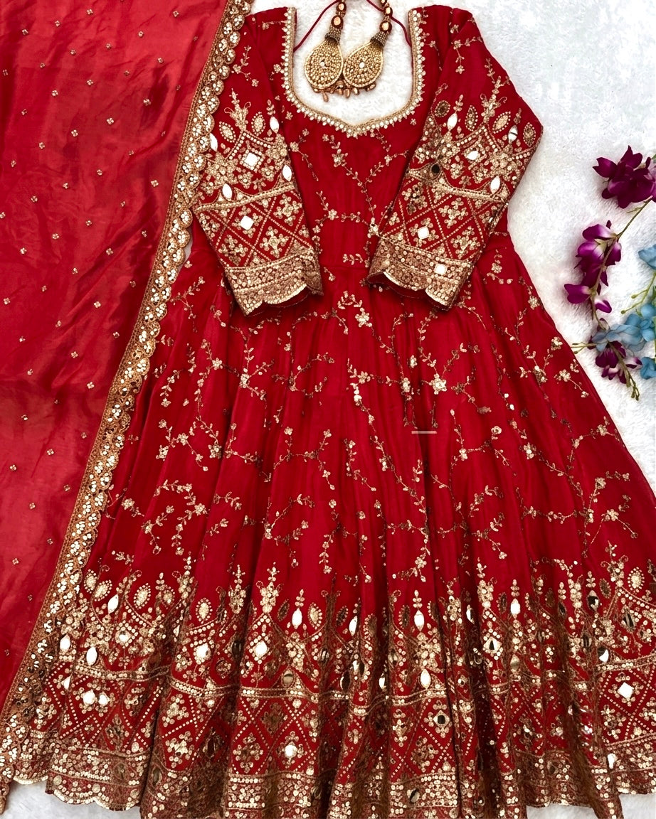 Red Chinon Anarkali Suit, view 6