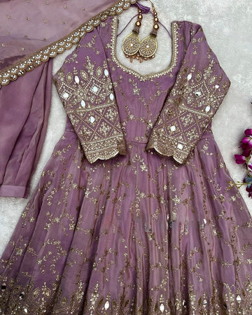 Lavender Chinon Anarkali Suit