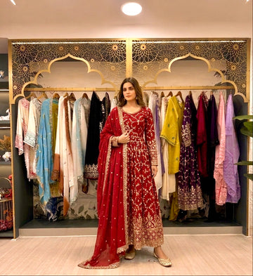 Red Chinon Anarkali Suit