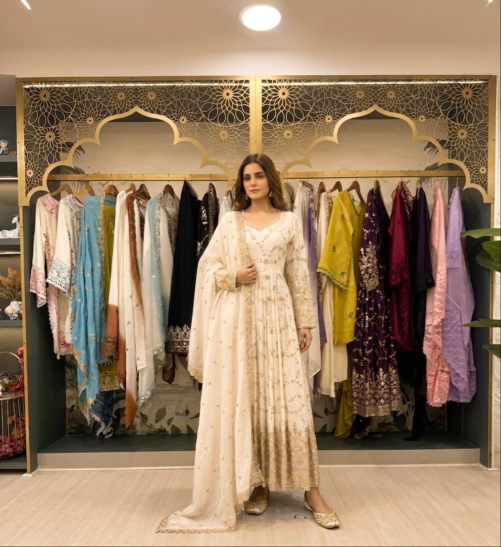 White Chinon Anarkali Suit