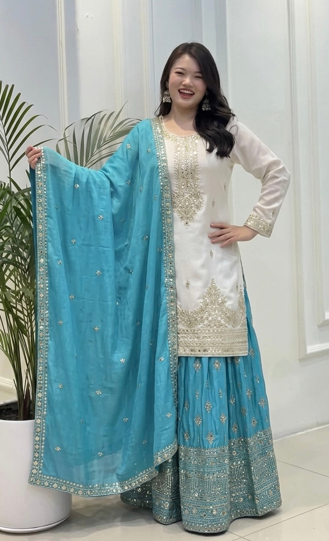 Off-White and Sky Blue Chinon Silk Sequin Kurta Palazzo Set