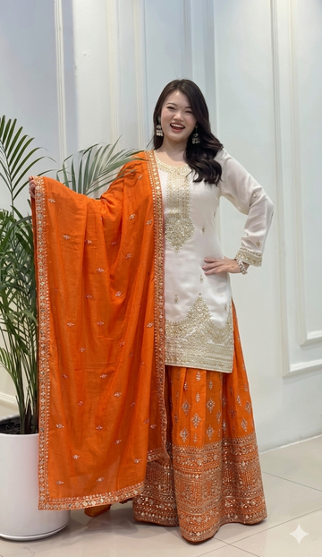 Off-White and Orange Chinon Silk Sequin Kurta Palazzo Set