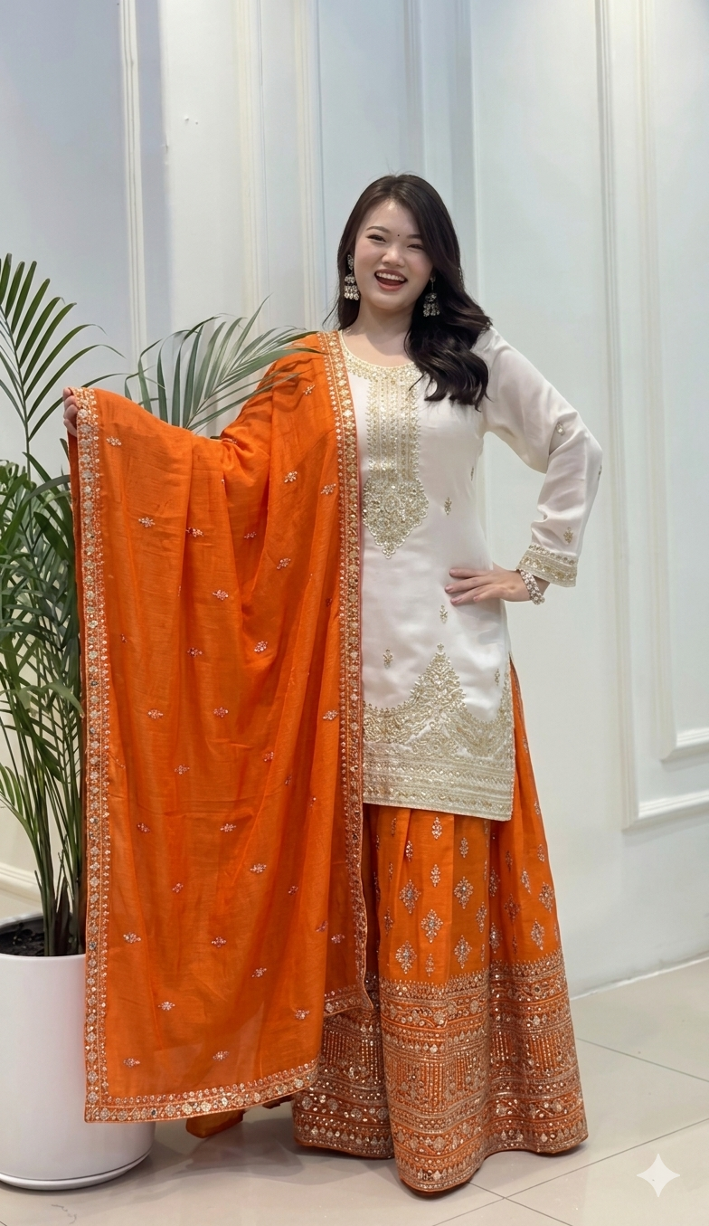 Off-White and Orange Chinon Silk Sequin Kurta Palazzo Set