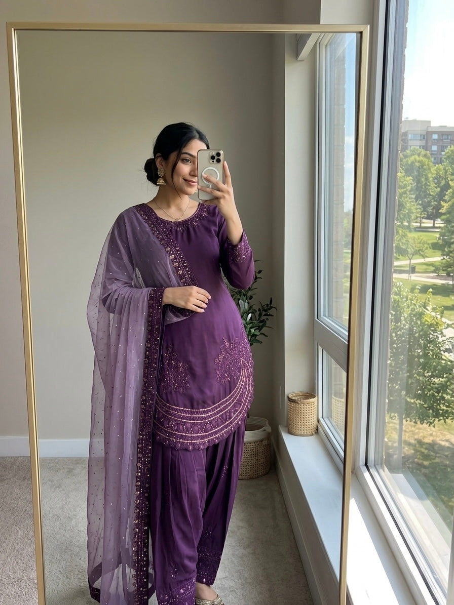 Purple Crepe Kurta Farshi Palazzo Set