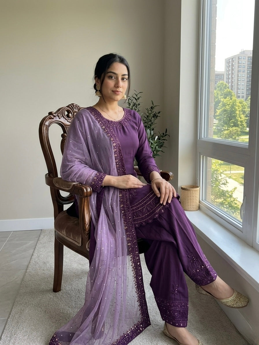 Purple Crepe Kurta Farshi Palazzo Set
