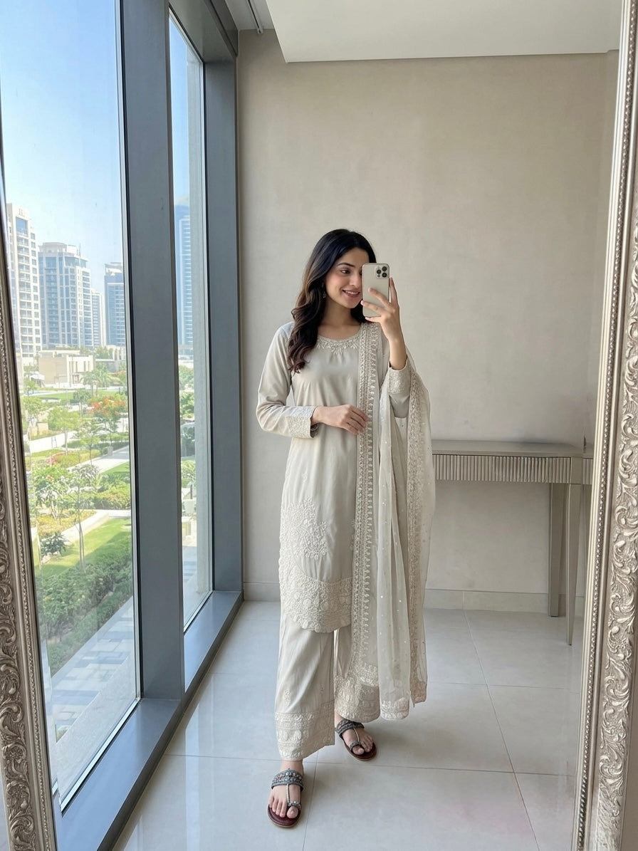 Ivory Crepe Kurta Farshi Palazzo Set