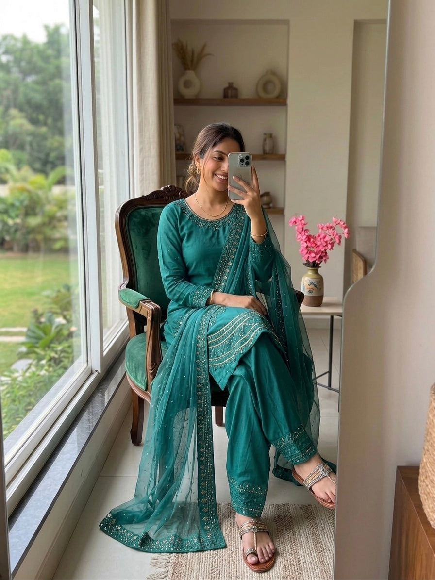 Teal Green Crepe Kurta Farshi Palazzo Set