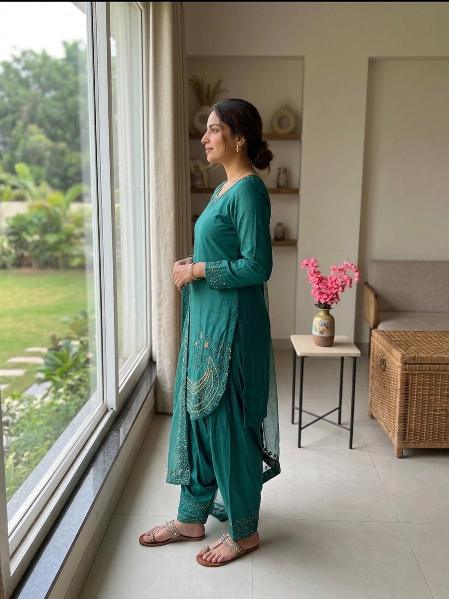 Teal Green Crepe Kurta Farshi Palazzo Set