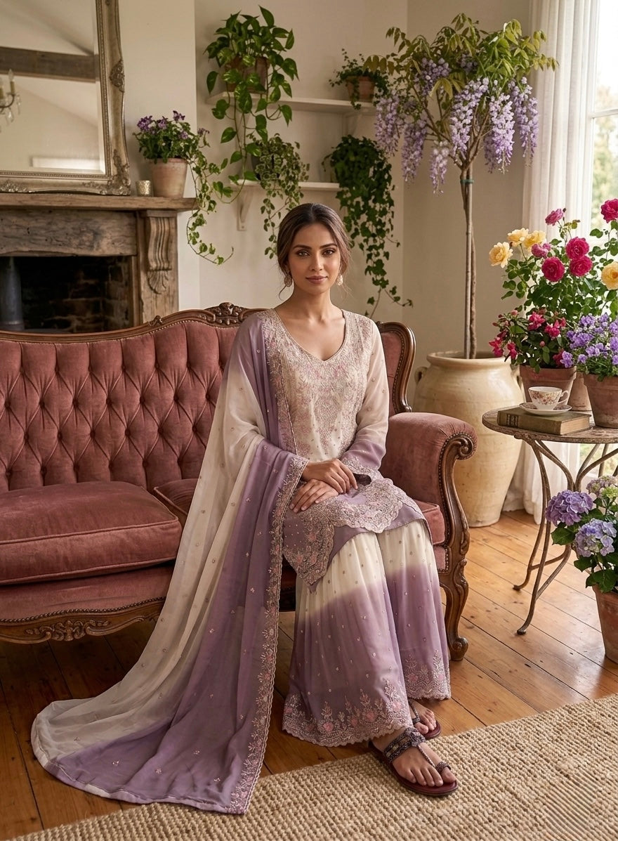 Off-White and Lavender Thread Work Georgette Palazzo Set, view 3