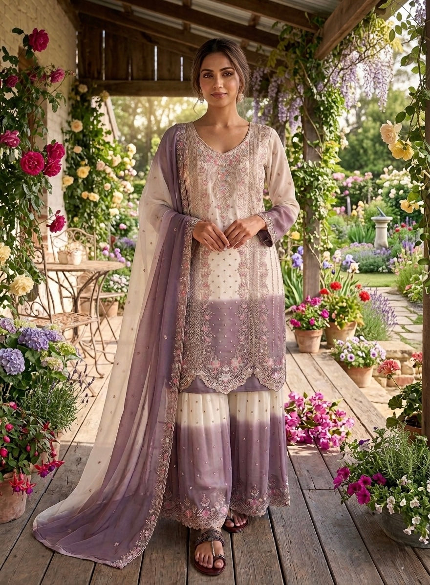 Off-White and Lavender Thread Work Georgette Palazzo Set