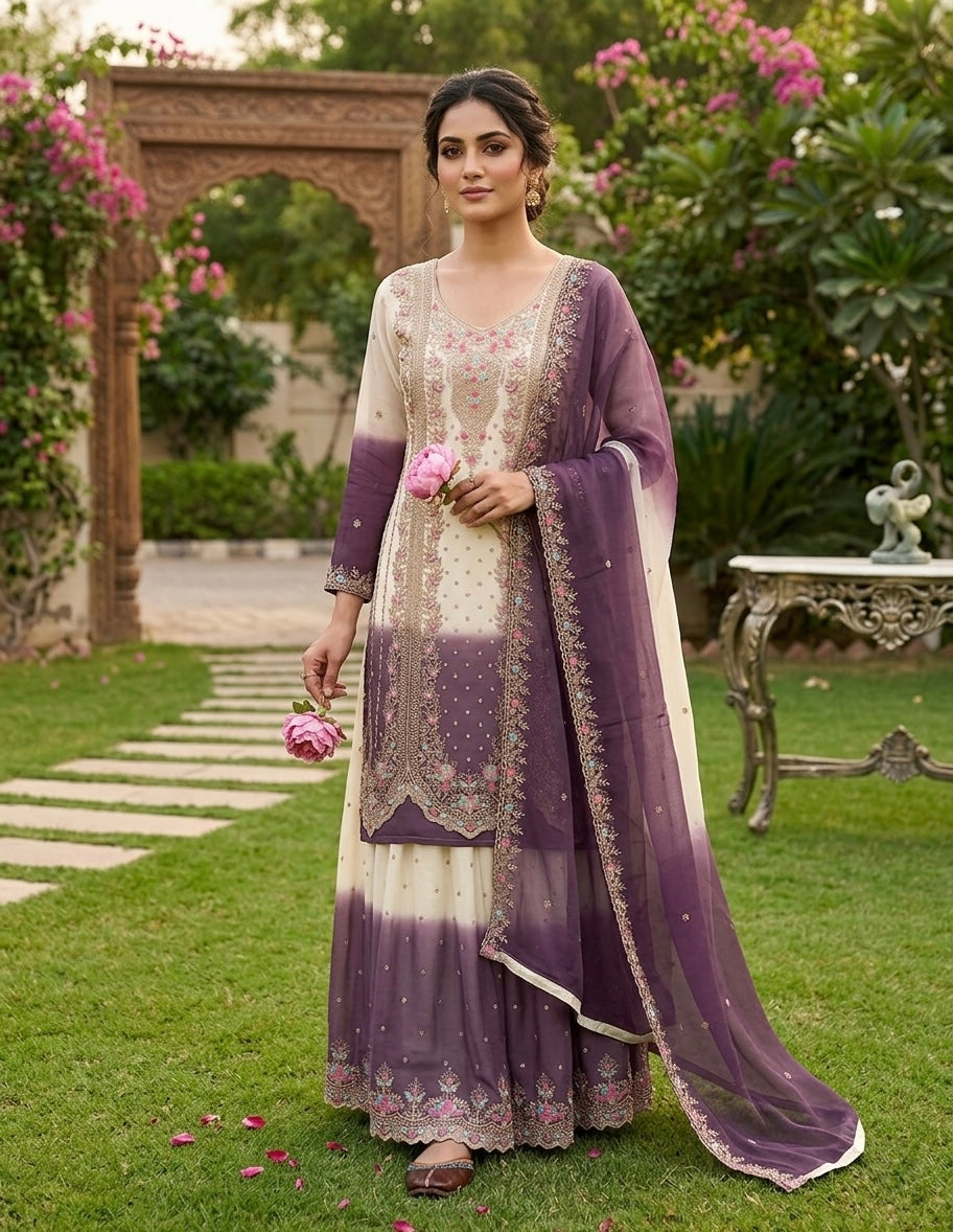 Off-White and Lavender Thread Work Georgette Palazzo Set, view 2
