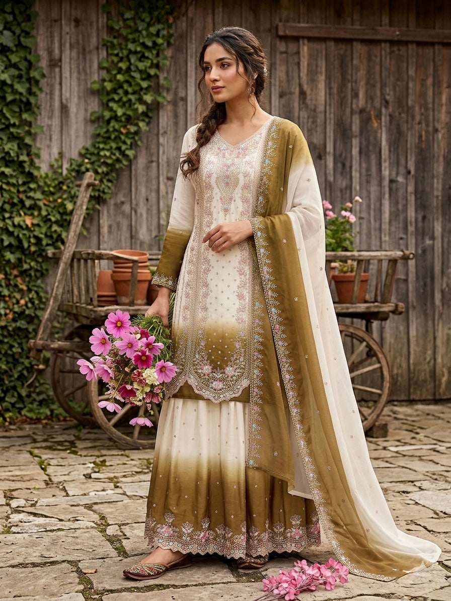 Off-White and Olive Thread Work Georgette Palazzo Set