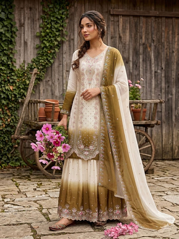 Off-White and Olive Thread Work Georgette Palazzo Set